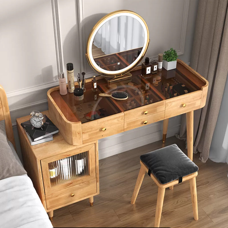 Glass Vanity Table Drawers Stool Vanity Set with Lights Mirror