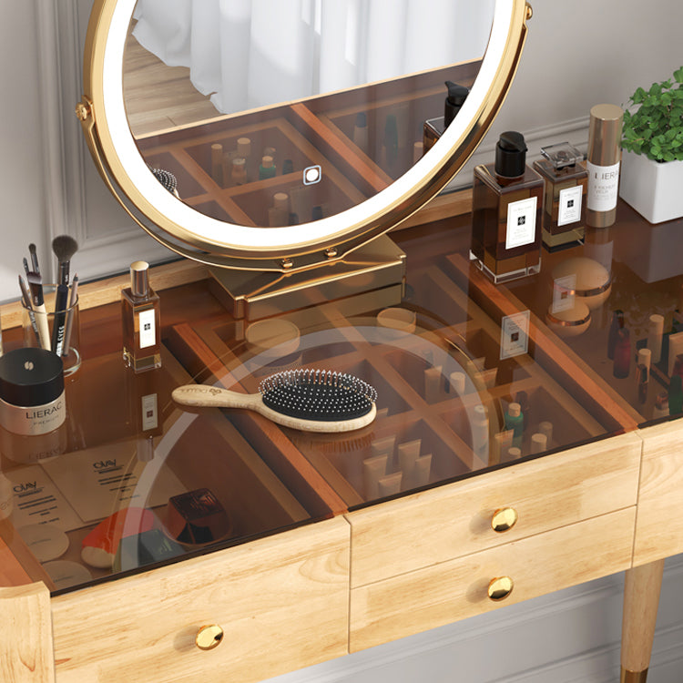 Glass Vanity Table Drawers Stool Vanity Set with Lights Mirror