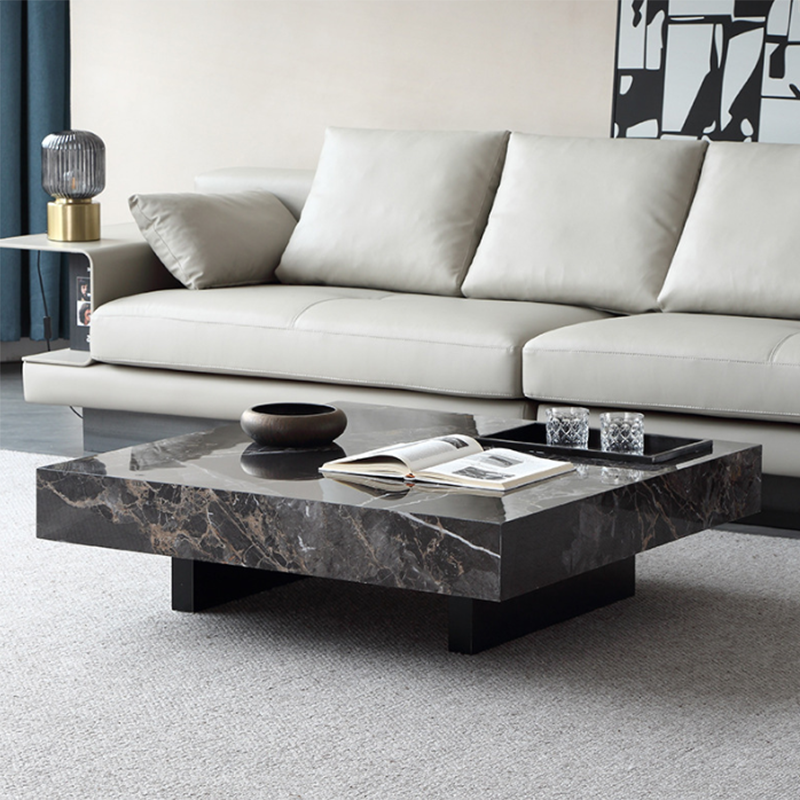 Glam Square Slate Coffee Table Stainless Steel Sled Cocktail Table