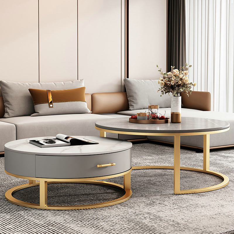Slate Top Coffee Table Set Round Frame Cocktail Table with Storage Drawers