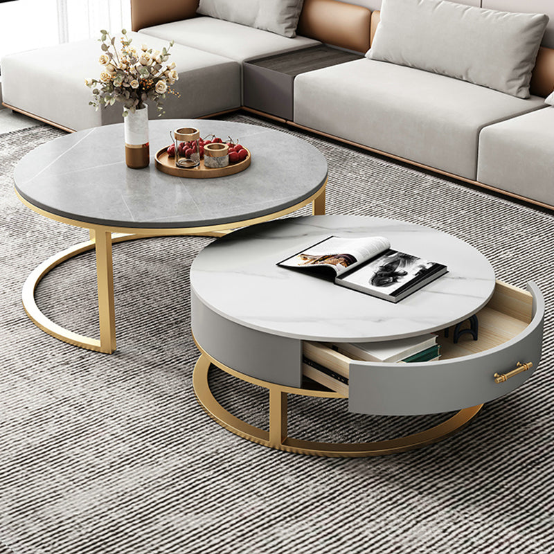 Slate Top Coffee Table Set Round Frame Cocktail Table with Storage Drawers
