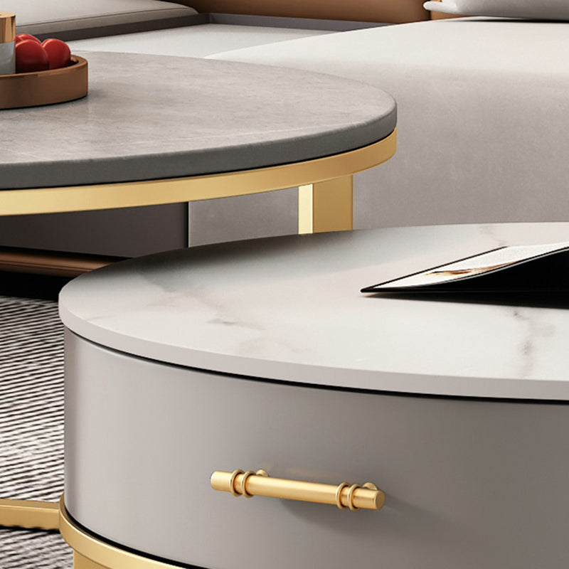 Slate Top Coffee Table Set Round Frame Cocktail Table with Storage Drawers