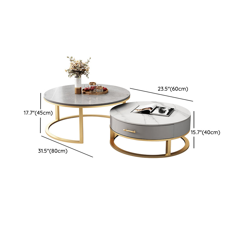Slate Top Coffee Table Set Round Frame Cocktail Table with Storage Drawers