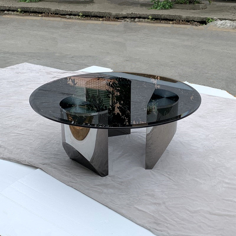 Black Glass Top Coffee Table Modern Round 3 Legs Cocktail Table