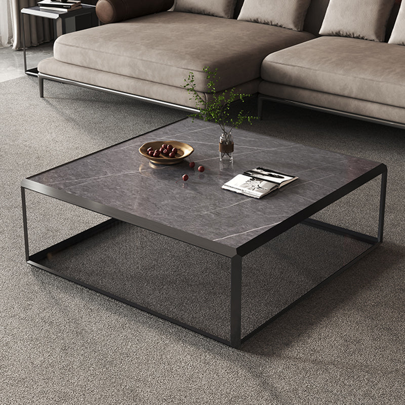 Geometric Slate & Glass Coffee Table Modern Simple Cocktail Table with Floor Shelf