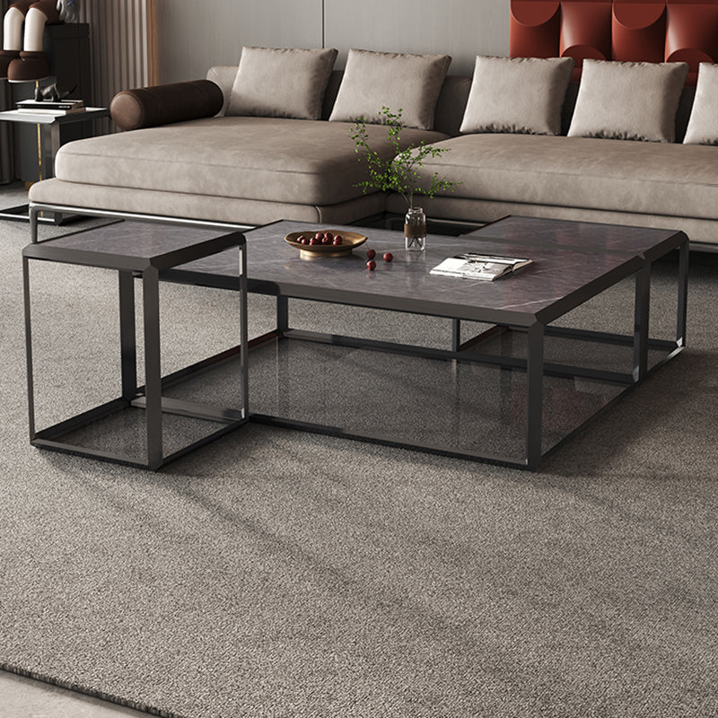 Geometric Slate & Glass Coffee Table Modern Simple Cocktail Table with Floor Shelf