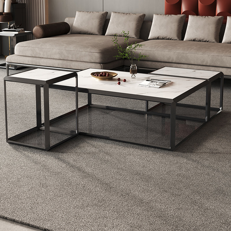 Geometric Slate & Glass Coffee Table Modern Simple Cocktail Table with Floor Shelf
