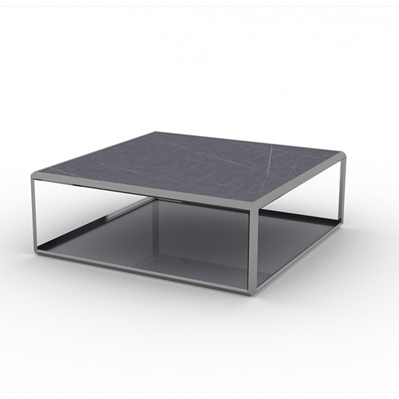 Geometric Slate & Glass Coffee Table Modern Simple Cocktail Table with Floor Shelf