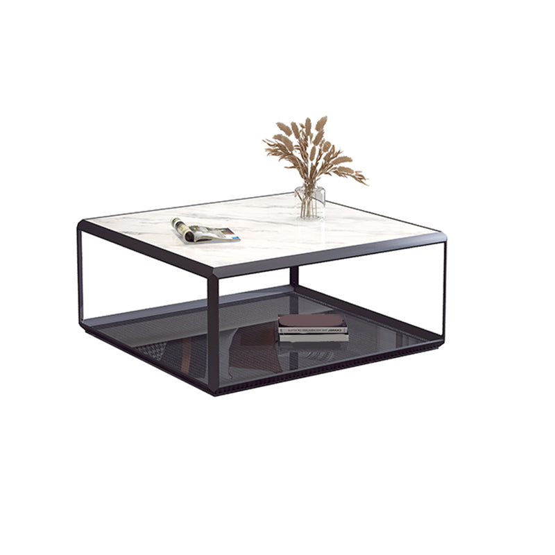 Geometric Slate & Glass Coffee Table Modern Simple Cocktail Table with Floor Shelf