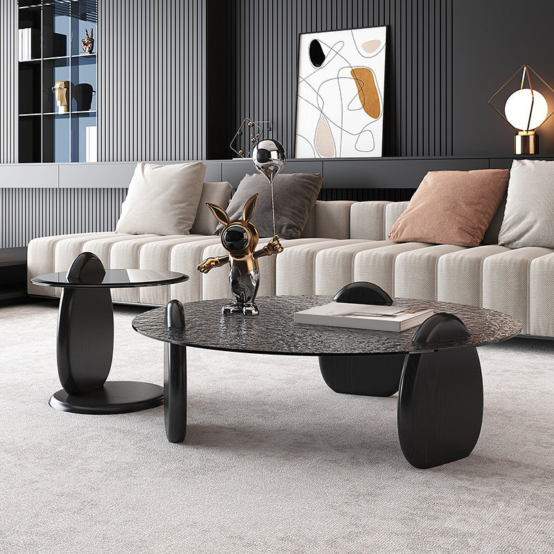 Glass Top Coffee Table Black Modern Round 3 Legs Cocktail Table