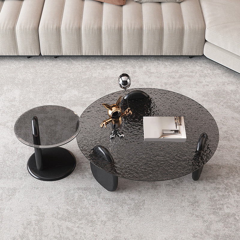 Glass Top Coffee Table Black Modern Round 3 Legs Cocktail Table