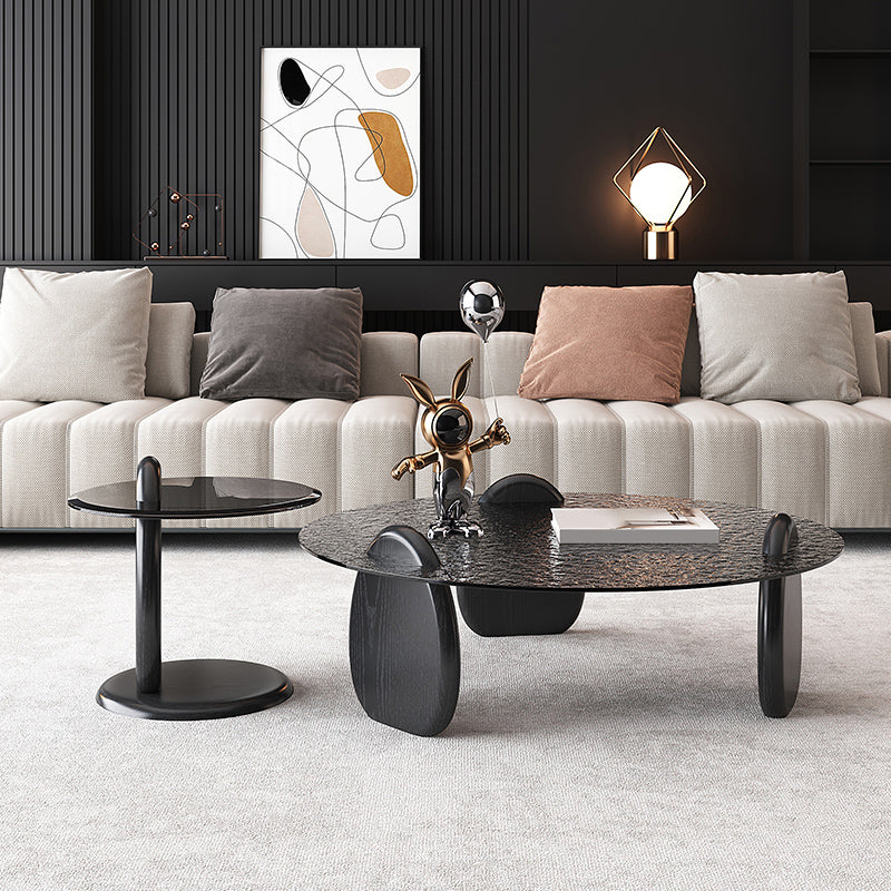 Glass Top Coffee Table Black Modern Round 3 Legs Cocktail Table