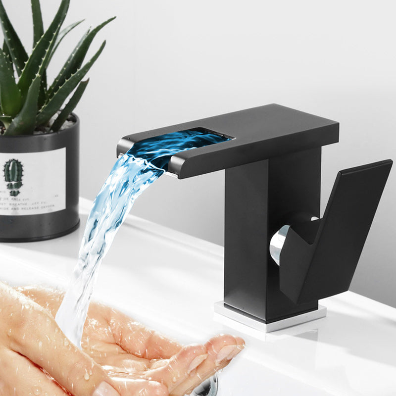 Contemporary Square Vessel Faucet Waterfall Spout with LED Three-Color Light