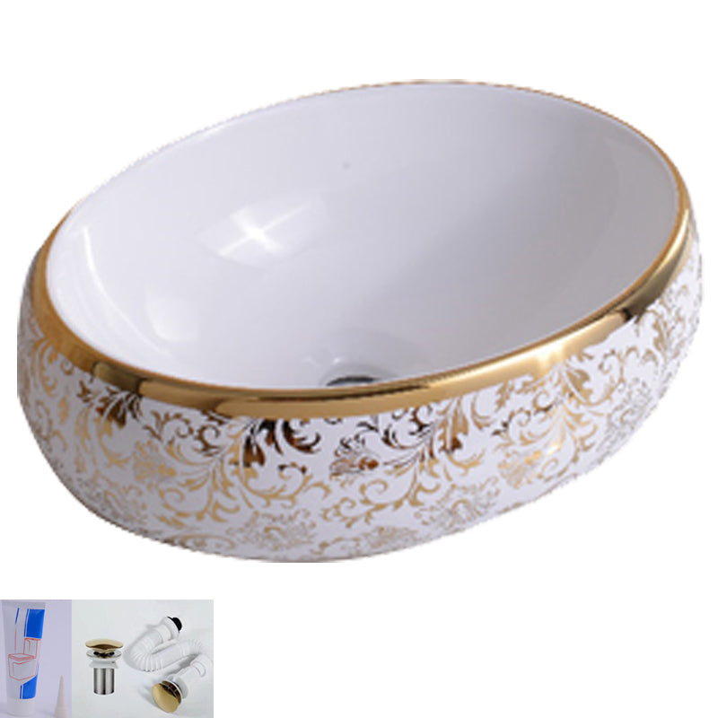 Traditional Vessel Bathroom Sink Oval Porcelain with Overflow Vessel