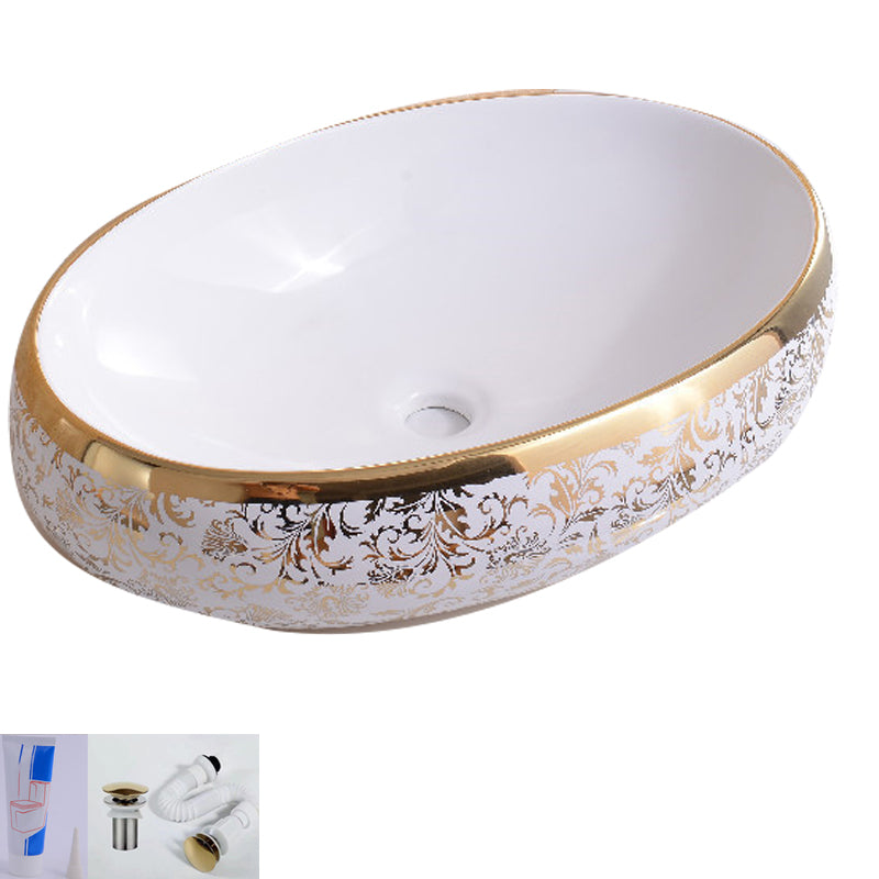 Traditional Vessel Bathroom Sink Oval Porcelain with Overflow Vessel