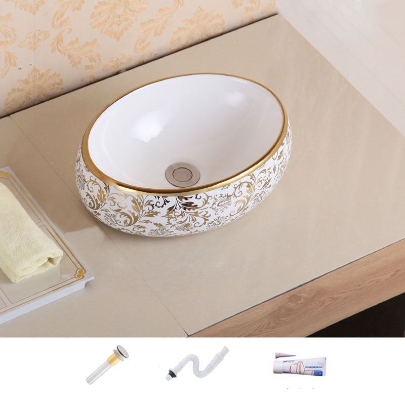 Traditional Vessel Sink Oval Porcelain with Pop-Up Drain Vessel Lavatory Sink