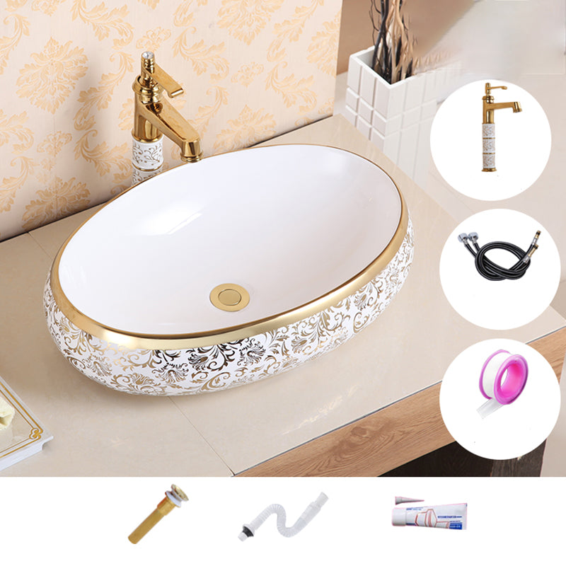 Traditional Vessel Sink Oval Porcelain with Pop-Up Drain Vessel Lavatory Sink