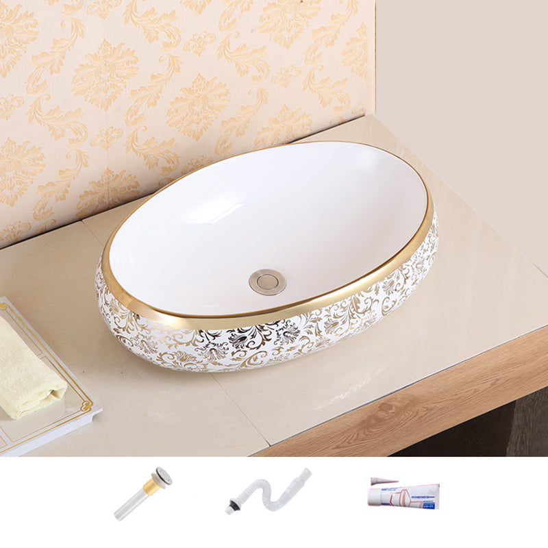 Traditional Vessel Sink Oval Porcelain with Pop-Up Drain Vessel Lavatory Sink