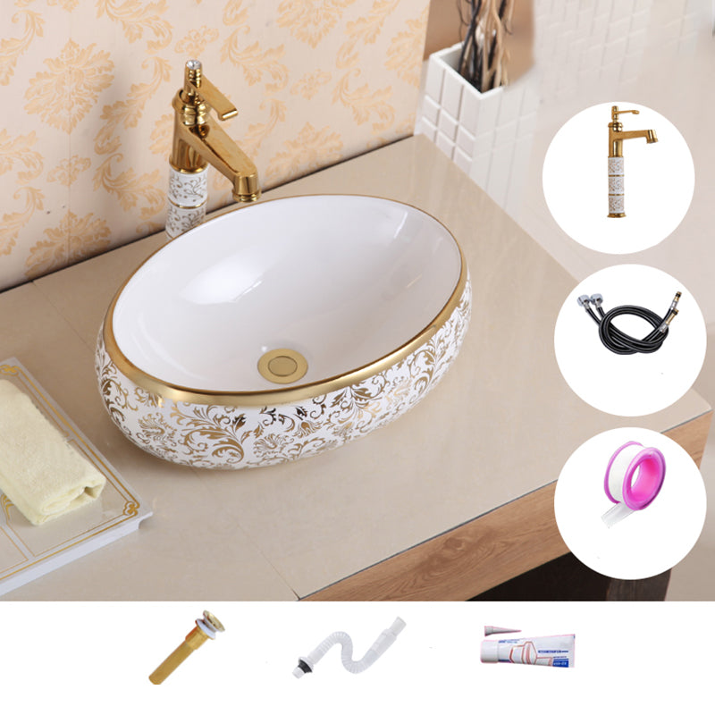 Traditional Vessel Sink Oval Porcelain with Pop-Up Drain Vessel Lavatory Sink