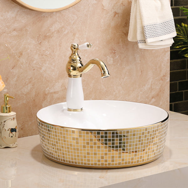 Traditional Bathroom Sink Porcelain Round Vessel Lavatory Sink with Pop-Up Drain