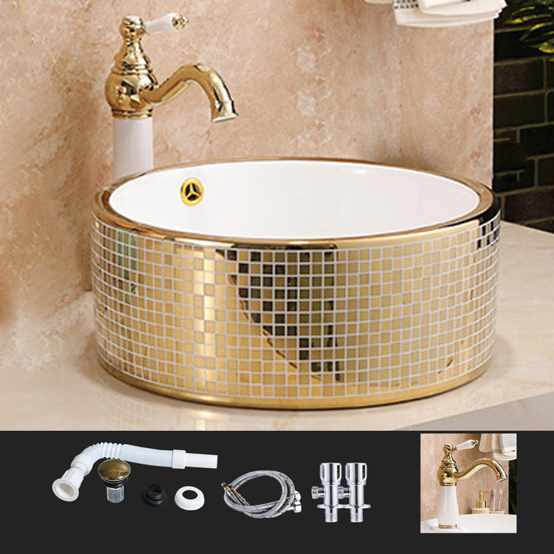 Traditional Bathroom Sink Porcelain Round Vessel Lavatory Sink with Pop-Up Drain