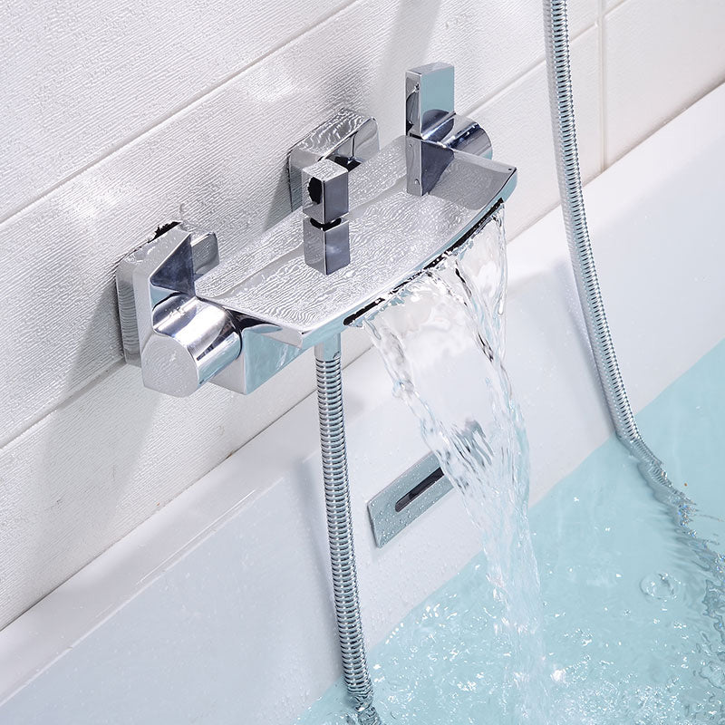 Modern Bathroom Faucet Copper Wall Mount Waterfall with Handheld Shower Tub Spouts
