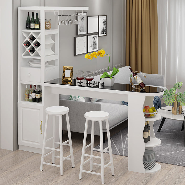 Modern Glass Bar Table Wood Base with Wine Cabinet for Living Room