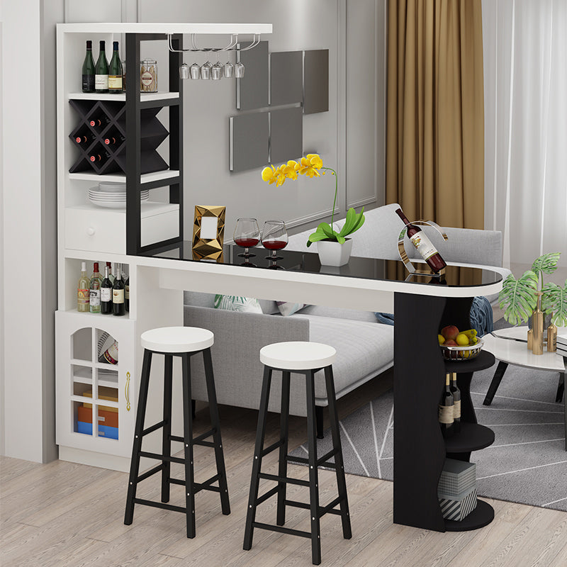 Modern Glass Bar Table Wood Base with Wine Cabinet for Living Room
