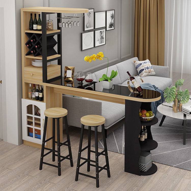 Modern Glass Bar Table Wood Base with Wine Cabinet for Living Room