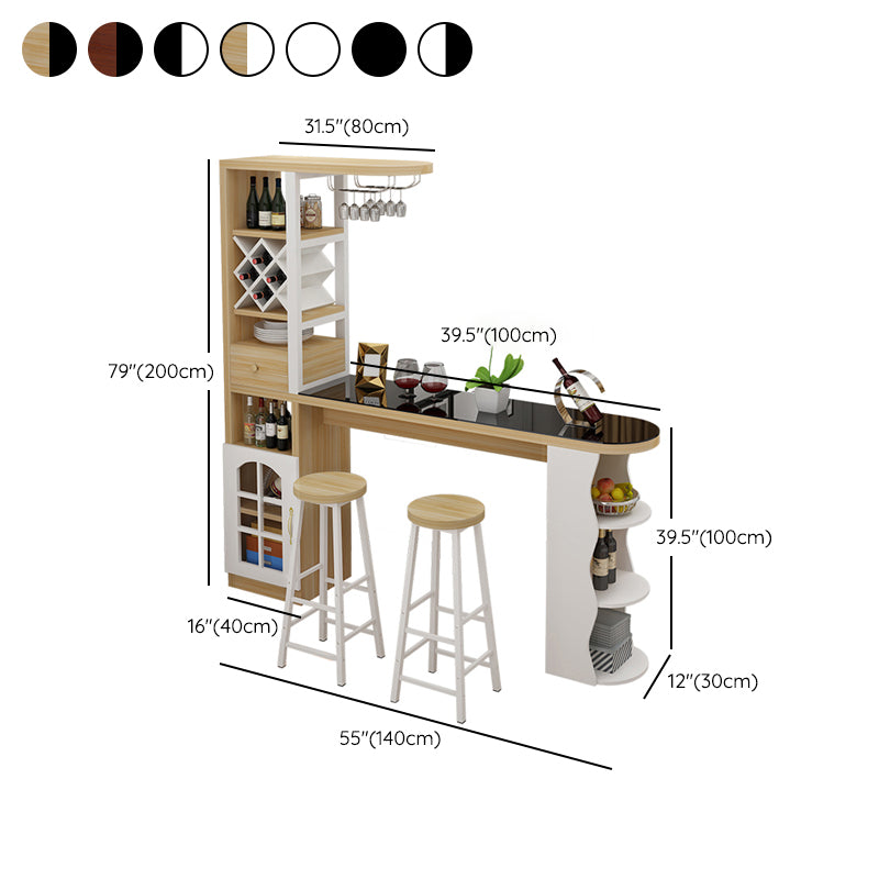 Modern Glass Bar Table Wood Base with Wine Cabinet for Living Room