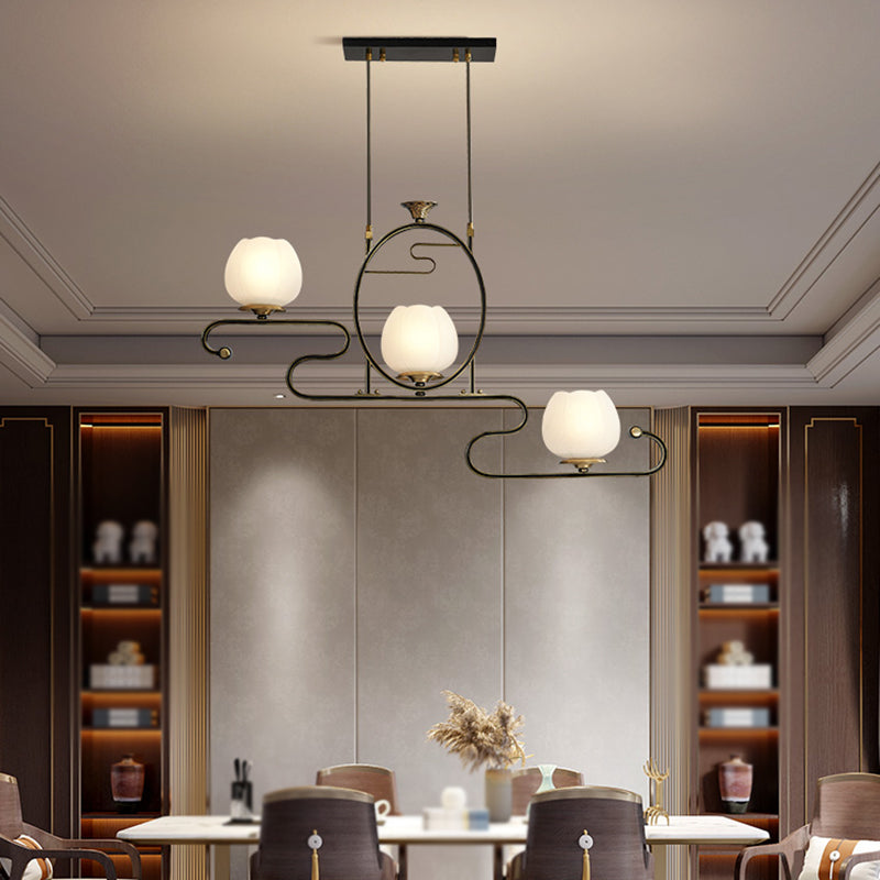 Flower Shape Glass Island Chandelier Modern Multi Lights Island Ceiling Light in Black