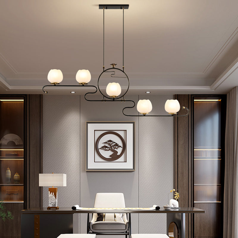 Flower Shape Glass Island Chandelier Modern Multi Lights Island Ceiling Light in Black