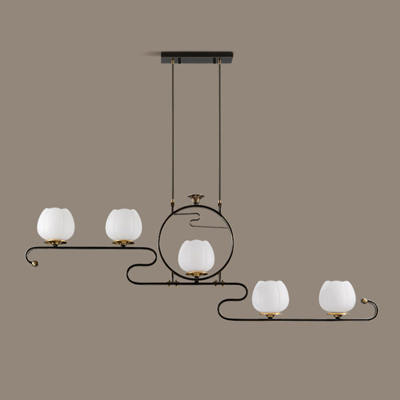 Flower Shape Glass Island Chandelier Modern Multi Lights Island Ceiling Light in Black