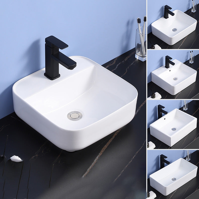 Modern Bathroom Sink Ceramic Rectangular White with Single Faucet Hole Vessel Sink
