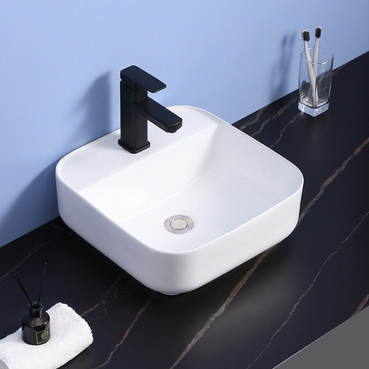 Modern Bathroom Sink Ceramic Rectangular White with Single Faucet Hole Vessel Sink