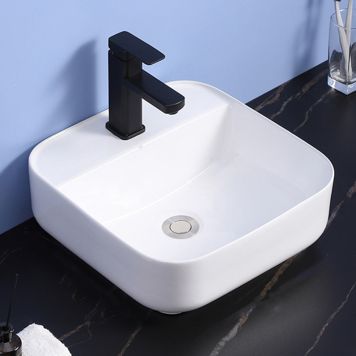 Modern Bathroom Sink Ceramic Rectangular White with Single Faucet Hole Vessel Sink