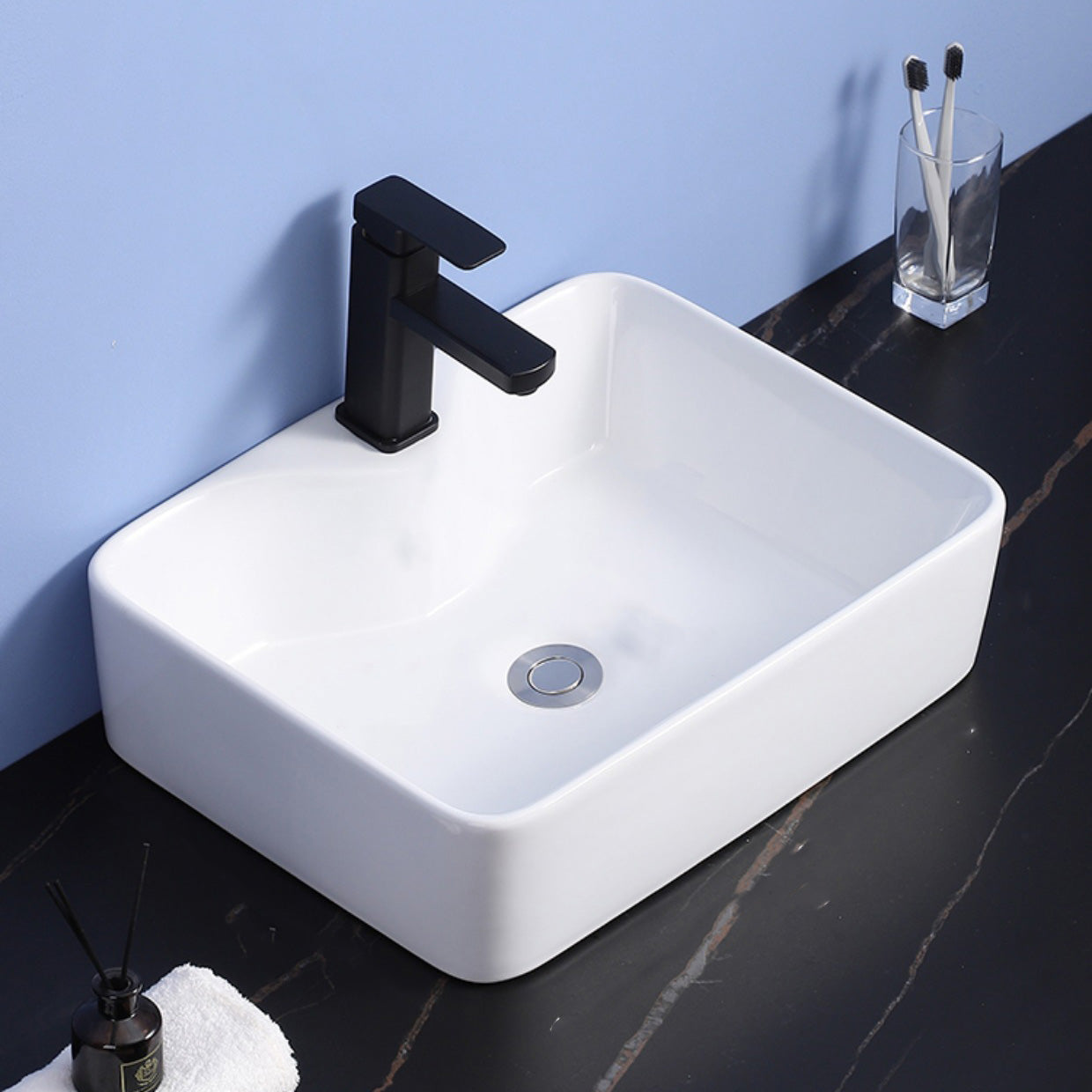 Modern Bathroom Sink Ceramic Rectangular White with Single Faucet Hole Vessel Sink