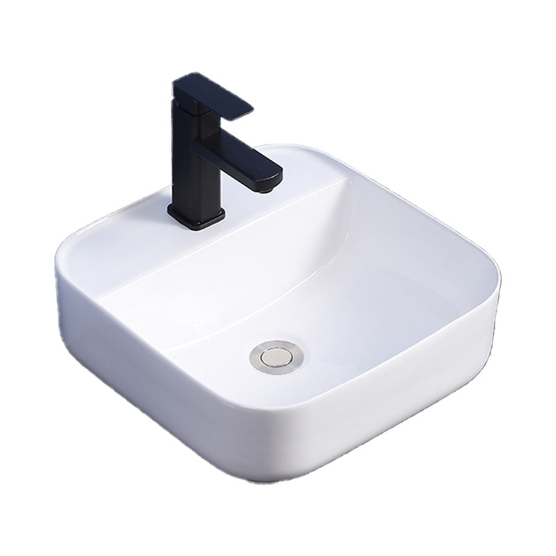 Modern Bathroom Sink Ceramic Rectangular White with Single Faucet Hole Vessel Sink