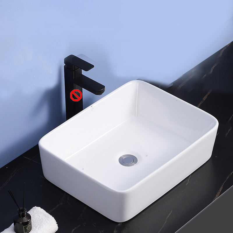 Modern Bathroom Sink Ceramic Rectangular White with Single Faucet Hole Vessel Sink