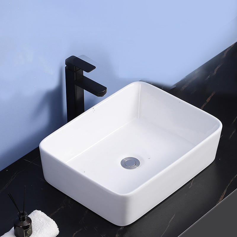 Modern Bathroom Sink Ceramic Rectangular White with Single Faucet Hole Vessel Sink