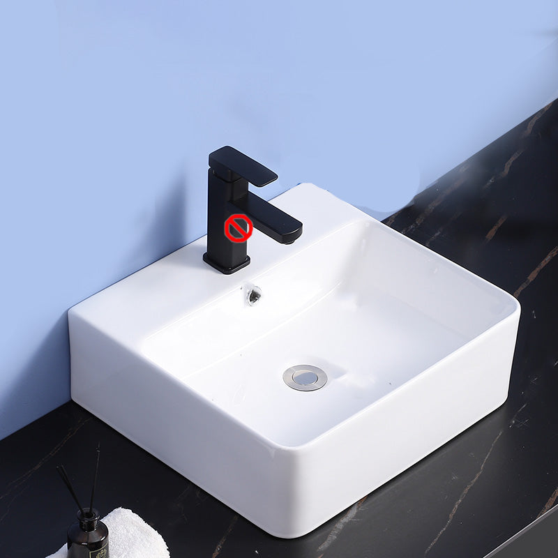 Modern Bathroom Sink Ceramic Rectangular White with Single Faucet Hole Vessel Sink