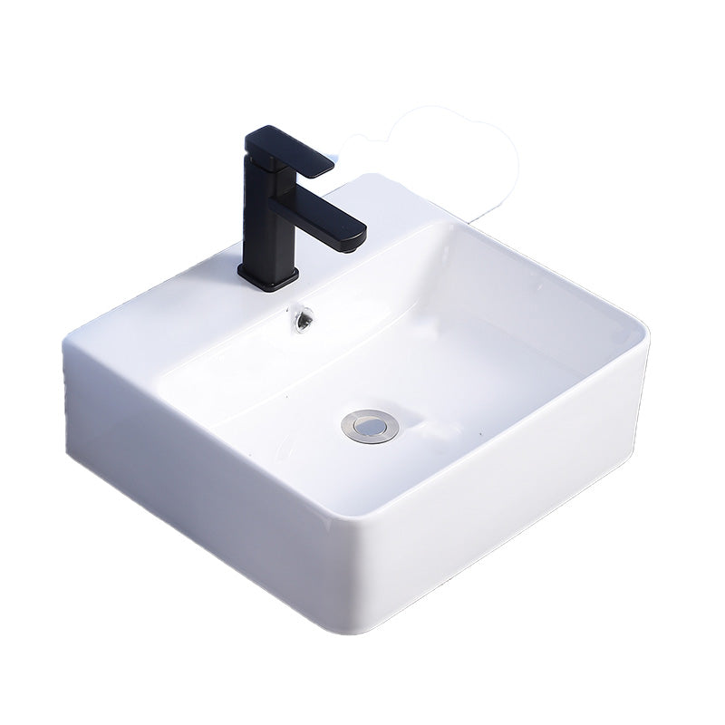 Modern Bathroom Sink Ceramic Rectangular White with Single Faucet Hole Vessel Sink