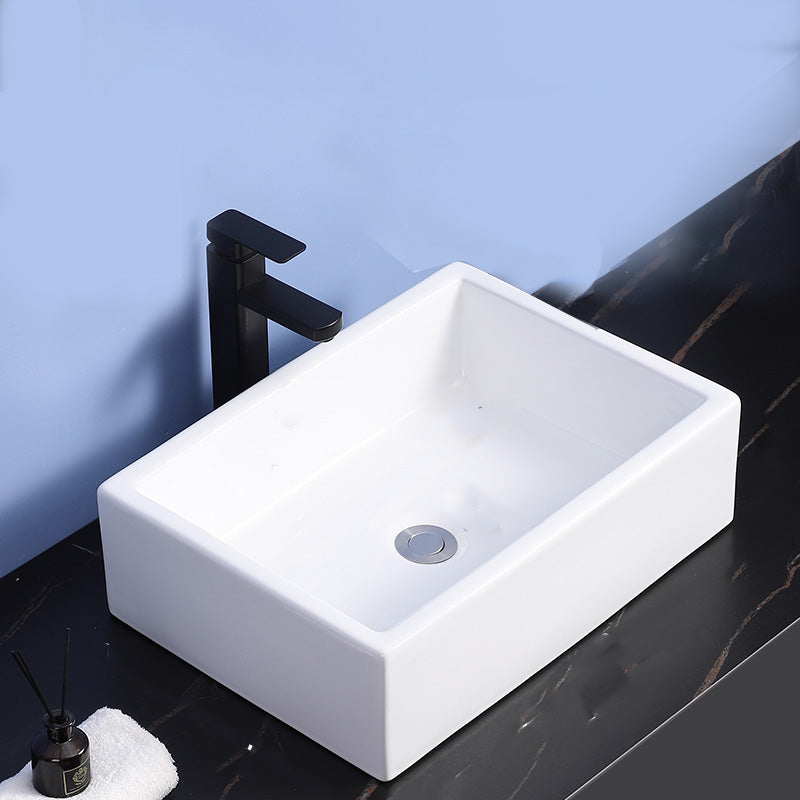 Modern Bathroom Sink Ceramic Rectangular White with Single Faucet Hole Vessel Sink