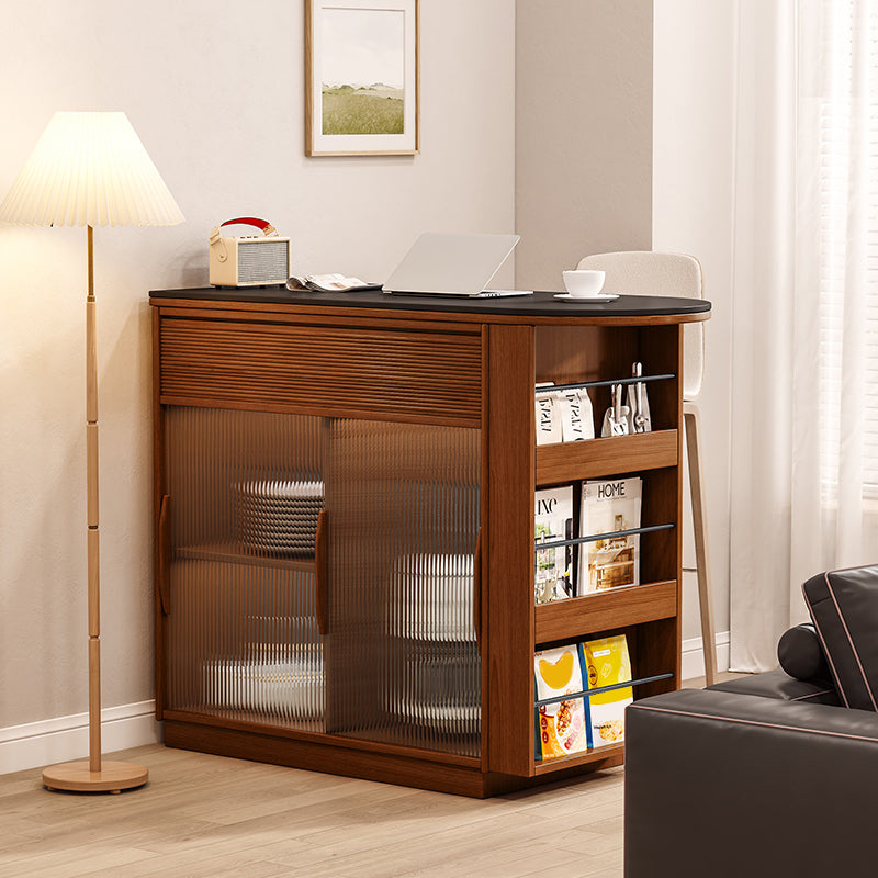 Modern Stone Bar Table Pine Wood Base with Lockers for Living Room