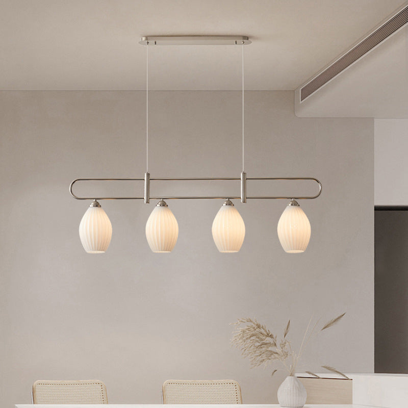 Drum Shape Glass Island Chandelier Modern Style Multi Lights Island Ceiling Light in White
