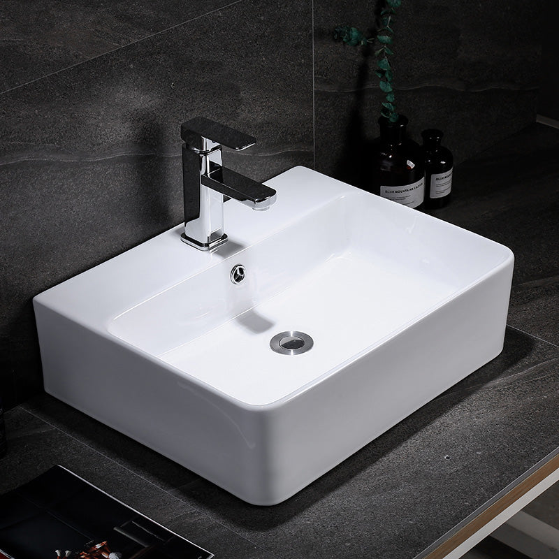 Contemporary Vessel Bathroom Sink Rectangular White Ceramic Overflow Drain Assembly Sink