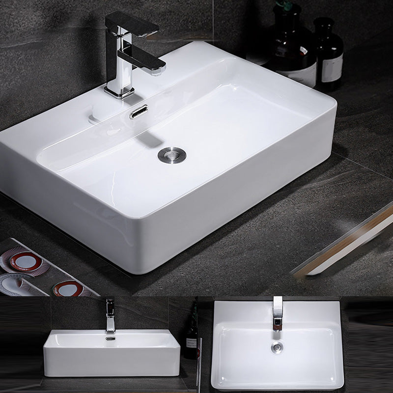 Contemporary Vessel Bathroom Sink Rectangular White Ceramic Overflow Drain Assembly Sink