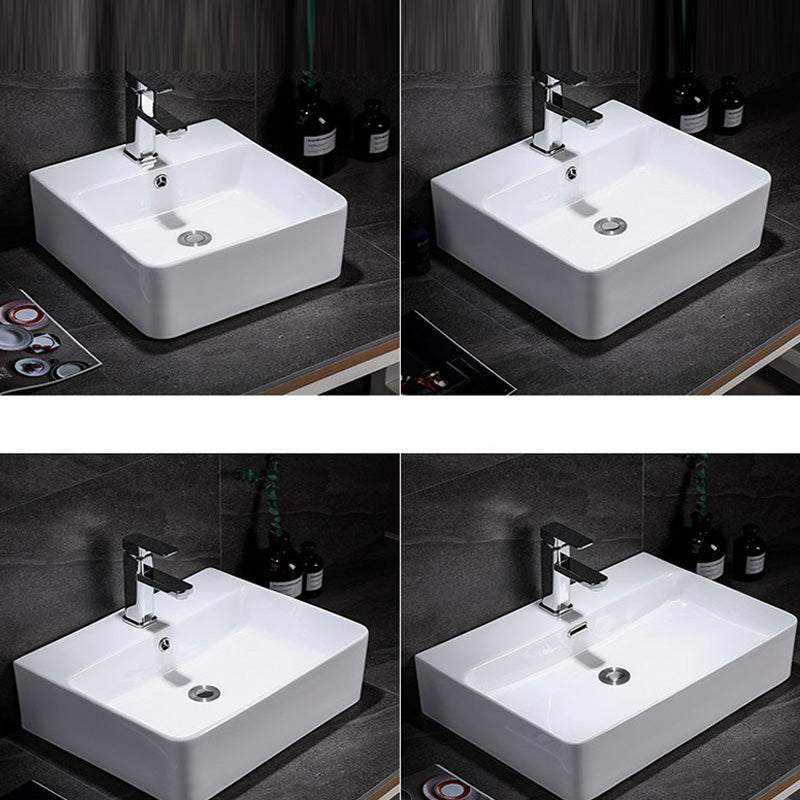 Contemporary Vessel Bathroom Sink Rectangular White Ceramic Overflow Drain Assembly Sink