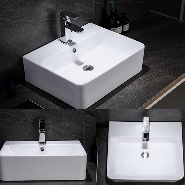 Contemporary Vessel Bathroom Sink Rectangular White Ceramic Overflow Drain Assembly Sink