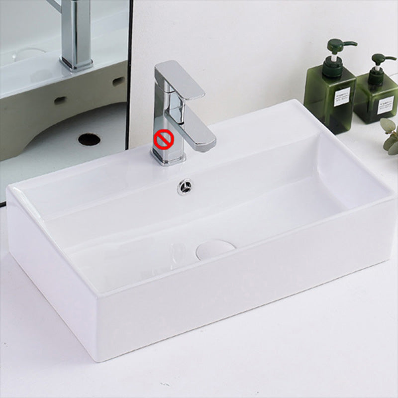 Contemporary Vessel Bathroom Sink Rectangular White Ceramic Overflow Drain Assembly Sink